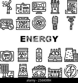 Vecteur d'ensemble d'icônes de la collection Energy Manufacturing. Ampoules et équipements électriques sécuritaires en énergie, usine de production d'énergie industrielle et infrastructure illustrations de contour noir. Vecteur d'ensemble d'icônes de la collection Energy Manufacturing Illustration de Vecteur
