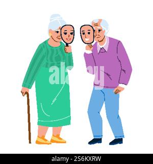 Âgisme de couple homme et femme âgé vecteur. Vieux grand-père et grand-mère avec masque de visage des jeunes, âgisme problème social. Personnages Senior Retirement Flat Cartoon illustration. Âgisme de couple homme et femme âgé vecteur Illustration de Vecteur