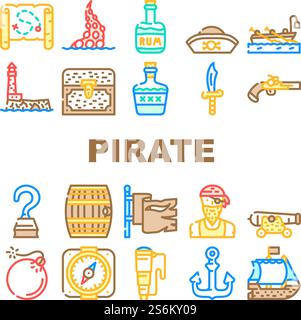 Pirate Sea Robber Collection Icons Set Vector. Bateau pirate flottant dans l'océan et le drapeau, chapeau et boussole, arme et sabre, coffre au trésor et pictogrammes Drink Barrel Line. Illustrations de couleur de contour. Pirate Sea Robber Collection Icons Set Vector Illustration de Vecteur