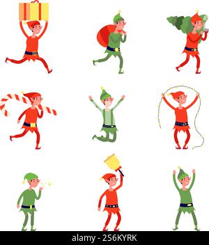 Personnages d'elfe de Noël. Elfes Santa, jeune aide de Noël en chapeau avec cadeau. Travail nain isolé, ensemble de vecteur de travailleurs du nouvel an d'hiver drôle. Illustration personnage elfe noël, nain de noël avec cadeaux. Personnages d'elfe de Noël. Elfes Santa, jeune aide de Noël en chapeau avec cadeau. Travail nain isolé, ensemble de vecteur de travailleurs du nouvel an d'hiver drôle Illustration de Vecteur