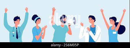 Heureux médecins. Dernières nouvelles médicales, bonne information. Infirmière thérapeute chirurgie applaudissant et souriant. Alerte du personnel hospitalier, groupe de personnes mignonnes dans l'illustration vectorielle uniforme. L'actualité médicale du médecin à l'équipe. Heureux médecins. Dernières nouvelles médicales, bonne information. Infirmière thérapeute chirurgie applaudissant et souriant. Annonce d'alerte du personnel hospitalier, groupe de personnes mignonnes dans l'illustration vectorielle uniforme Illustration de Vecteur