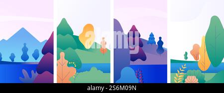 Cartes de paysage nature. Bannières de printemps d'été d'hiver, modèles de vecteur de médias sociaux de style minimal de forêt et de lac. Scène printemps et automne, paysage d'été et illustration d'hiver. Cartes de paysage nature. Bannières de printemps d'été d'hiver, modèles de vecteur de médias sociaux de style minimal de forêt et de lac Illustration de Vecteur