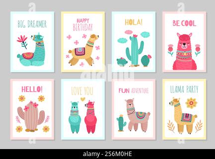 Cartes de lama. Belles invitations, fleurs d'alpaga colorées invitations d'anniversaire. Bébés affiches d'enfants avec ensemble vectoriel d'animaux sauvages mignons de cactus. Illustration carte alpaga, affiche traditionnelle colorée de voeux. Cartes de lama. Belles invitations, fleurs d'alpaga colorées invitations d'anniversaire. Bébés affiches d'enfants avec ensemble vectoriel d'animaux sauvages mignons de cactus Illustration de Vecteur