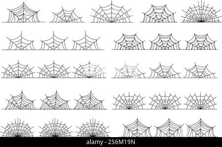 Bordure en toile d'araignée. Cadres abstraits d'horreur noir, séparateurs isolés sinistres en toile d'araignée d'halloween. Illustration vectorielle de décorations gossamer nature. Silhouette d'araignée en toile d'araignée, bordure isolée noire. Bordure en toile d'araignée. Cadres abstraits d'horreur noir, séparateurs isolés sinistres en toile d'araignée d'halloween. Illustration vectorielle de décorations gossamer nature Illustration de Vecteur