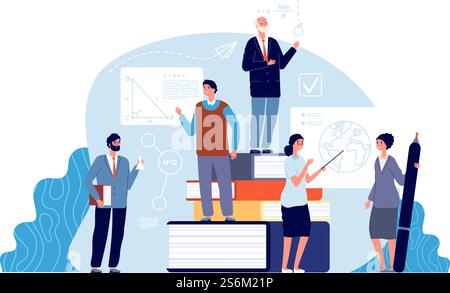 Concept des enseignants. Universitaires, monde de l'éducation scolaire. Minuscules professeurs de collège. Illustration vectorielle de professeur de chimie de géographie mathématique. Professeur d'études scolaires, université et collège. Concept des enseignants. Universitaires, monde de l'éducation scolaire. Minuscules professeurs de collège. Illustration vectorielle de professeur de chimie de géographie mathématique Illustration de Vecteur
