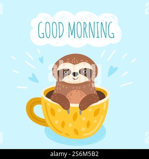 Paresser avec du café. Carte du matin drôle, visage animal mignon dans la tasse. Douce bannière scandinave créative, personnage vectoriel amusant de jungle de dessin animé exact. Illustration café et paresse animale. Paresser avec du café. Carte du matin drôle, visage animal mignon dans la tasse. Douce bannière scandinave créative, personnage vectoriel amusant de jungle de dessin animé exact Illustration de Vecteur