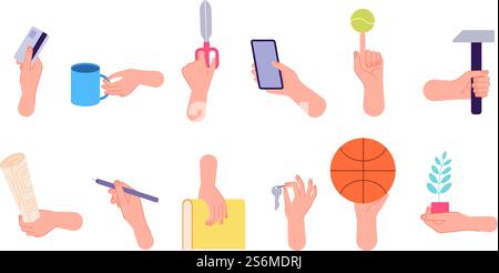 Mains de pose différentes. Gestes isolés, bras tenant le livre crayon porte-clés. Positions de poignet de doigt plat, l'homme tient la carte de crédit ensemble de vecteur de chasse. Dispositif de maintien de main d'illustration et objet de prise. Mains de pose différentes. Gestes isolés, bras tenant le livre crayon porte-clés. Positions de poignet de doigt plat, l'homme tient la carte de crédit ensemble de vecteur de chasse Illustration de Vecteur