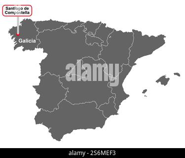 Carte de l'Espagne avec signe de nom de lieu de Santiago de Compostella Banque D'Images