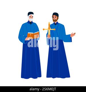 Hommes prêtre catholiques avec vecteur de croix de prière. Prêtre catholique tenant et lisant le livre de religion biblique pendant la messe sur l'autel. Personnages catholicisme religieux pasteurs plat illustration de dessin animé. Hommes prêtre catholiques avec vecteur de croix de prière Illustration de Vecteur