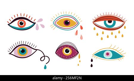 Yeux pleurants. Oeil abstrait, gouttes colorées tombant. Éléments de doodle à la mode contemporains, ensemble de vecteurs d'émotions tristes. Déchirure des yeux, pleurs de pleurs, illustration douloureuse. Yeux pleurants. Oeil abstrait, gouttes colorées tombant. Éléments de doodle à la mode contemporains, ensemble de vecteurs d'émotions tristes Illustration de Vecteur