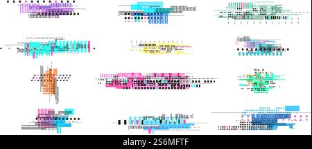 Eléments numériques de désintégration. Glitch géométrique, effet de bruit de télévision artistique abstrait. Texture rétro pixel, éléments vectoriels vidéo déformés isolés et cassés. Dégradation des dommages par pépins, illustration de texture de distorsion. Eléments numériques de désintégration. Glitch géométrique, effet de bruit de télévision artistique abstrait. Texture rétro pixel, éléments vectoriels vidéo déformés isolés et cassés Illustration de Vecteur