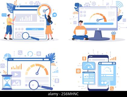 Optimisation de la vitesse de chargement du site Web avec le serveur, la programmation Web, le développement d'applications mobiles et le logiciel de page. Illustration du vecteur d'arrière-plan Illustration de Vecteur