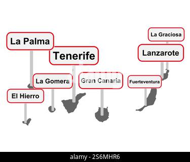 Carte des îles Canaries avec des signes de nom de lieu Banque D'Images