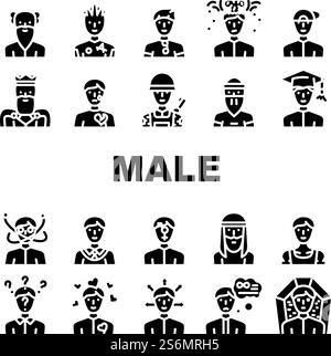 Vecteur d'ensemble d'icônes d'affaires et d'expression masculines. Folie et Lovely Male, choix de la direction et explosion cérébrale homme, enfance, vieil âge retraité et Death Guy pictogrammes glyphe illustrations noires. Vecteur d'ensemble d'icônes d'affaires et d'expression masculines Illustration de Vecteur