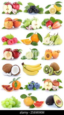 fruits pomme orange baies banane oranges fraise poire raisins fruits frais collage coupé isolé sur fond blanc Banque D'Images