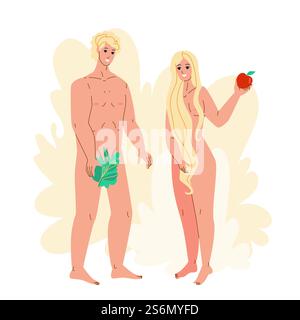 Adam et Eve debout ensemble dans Paradise Vector. Adam et Eve tenant Tree Leaf et Apple fruit se tiennent ensemble à Eden. Personnages religieux homme et femme Flat Cartoon illustration. Adam et Eve debout ensemble dans Paradise Vector Illustration de Vecteur