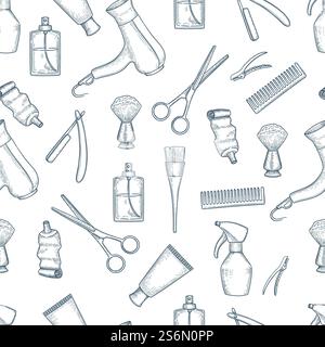 Modèle de salon de coiffure. Ciseaux vintage de peigne de rasoir articles de salon de beauté vecteur fond sans couture. Illustration sans couture arrière-plan Barbershop, modèle vintage de barbier. Modèle de salon de coiffure. Ciseaux vintage de peigne de rasoir articles de salon de beauté vecteur fond sans couture Illustration de Vecteur