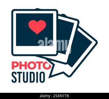 Photographe studio ou entreprise prenant des photos pour des clients. Logotype minimaliste de l'entreprise avec polaroid, signe de coeur et inscription. Emblème d'étiquette décorative icône isolée. Vecteur dans le style plat. Logotype de services de photographe de studio photo, vecteur d'icône isolé Illustration de Vecteur
