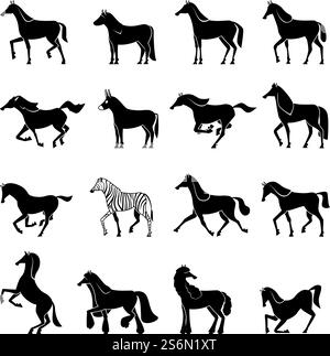 Silhouettes de chevaux. De beaux animaux domestiques forts chevaux en action pose des illustrations vectorielles de saut de galop marchant en cours d'exécution. Silhouette de cheval étalon, Mustang noir sauvage, animal domestique fort. Silhouettes de chevaux. De beaux animaux domestiques forts chevaux en action pose des illustrations vectorielles de saut de galop marchant en cours d'exécution Illustration de Vecteur