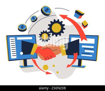 Partenaires commerciaux communiquant en ligne, ordinateurs avec mains, engrenages et poignée de main. Négociation des hommes d'affaires dans Internet. Acheter et vendre des produits, des places de marché et des ventes, vecteur dans le style plat. Interaction en ligne avec les partenaires, partenariat via le vecteur internet Illustration de Vecteur