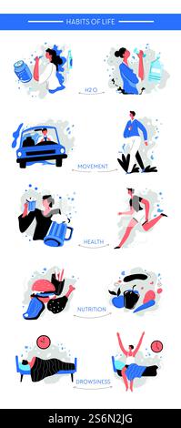 Bonnes et mauvaises habitudes de vie, changer la routine quotidienne sur un mode de vie sain. Boire de l'eau pure, marcher plus, manger des légumes et des fruits, courir et se réveiller tôt. Vecteur de transformation d'activité. Changer les mauvaises habitudes de vie, un mode de vie sain et actif Illustration de Vecteur