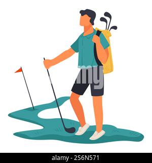 Jouer au golf comme sport professionnel, homme avec des clubs sur le terrain appréciant le jeu. Activité sportive relaxante le week-end. Paysage avec poteau et drapeau, frapper la balle au trou. Vecteur hobby dans le style plat. Sport de golf, homme sportif avec clubs sur le terrain Illustration de Vecteur