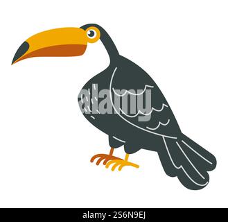 Nature tropicale et faune, icône isolée de l'oiseau toucan avec des ailes et des plumes, long bec. Aras ou perroquet avec griffes. Faune de pays exotiques, créature avec plumage plumage, vecteur dans le style plat. Oiseau toucan, faune tropicale avec vecteur de plumage noir Illustration de Vecteur