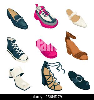 Collection de chaussures pour femmes, ensemble isolé de baskets, mules et mocassins. Talons hauts et modèles de plate-forme de chaussures pour femme. Type basique et classique de vêtements décontractés, vecteur dans le style plat. Chaussures de femme, collection de mode de chaussures pour le vecteur de femmes Illustration de Vecteur