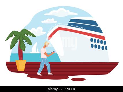 Personnage masculin regardant des billets dans les mains marchant par paquebot de croisière. Homme par bateau pour voyage ou voyage longue distance. Transport et voyage par mer ou océan. Repos exotique. Vecteur dans le style plat. Homme avec des billets pour embarquer sur un paquebot de croisière Illustration de Vecteur