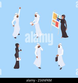 Musulman isométrique. Caractères arabes d'affaires travaillant des gestionnaires de bureau hommes femmes dubaï ouvriers vecteur personnes. Peuple musulman, homme d'affaires arabe saoudien illustration. Musulman isométrique. Caractères arabes d'affaires travaillant des gestionnaires de bureau hommes femmes dubaï ouvriers vecteur personnes Illustration de Vecteur