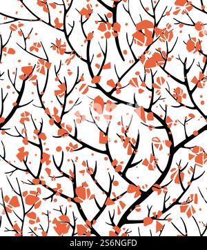 Motif floral sans couture avec branches d'arbre et floraison. Floraison et floraison au printemps ou en été. Sakura ou fleur de cerisier, brindilles avec des fleurs. Botanique exotique, vecteur botanique dans un style plat. Branches d'arbre avec motif floral sans couture de fleur rouge Illustration de Vecteur