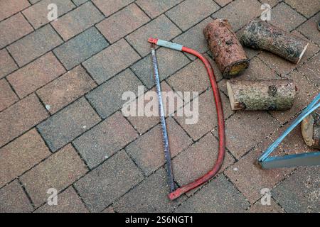Détails d'un sawhorse avec bûche et vu à un mariage Banque D'Images