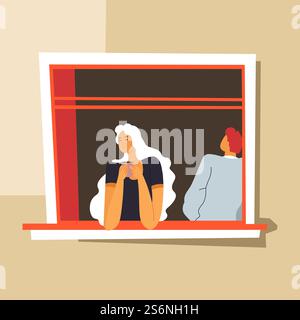 Auto-isolement du couple à domicile, homme et femme en quarantaine du coronavirus. Personnage féminin buvant du café du matin, regardant par la fenêtre. Personnage restant dans l'habitation, vecteur dans le style plat. Couple en quarantaine du coronavirus, auto-isolement des personnes Illustration de Vecteur