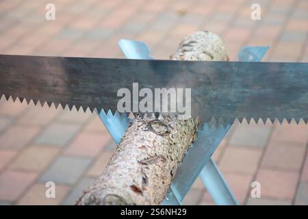 Détails d'un sawhorse avec tronc d'arbre et vu à un mariage Banque D'Images