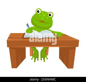 Étude et éducation, caractère de grenouille isolé écrivant dans un cahier assis par table. École ou collège, acquisition de connaissances. Livre de lecture de reptiles par bureau, mascotte ou écolier, vecteur dans l'appartement. Grenouille assise près de la table écrivant dans le manuel, étudiant l'animal Illustration de Vecteur