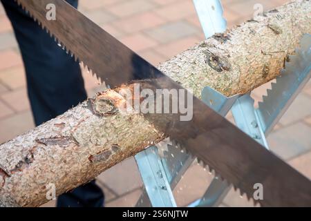 Détails d'un sawhorse avec tronc d'arbre et vu à un mariage Banque D'Images