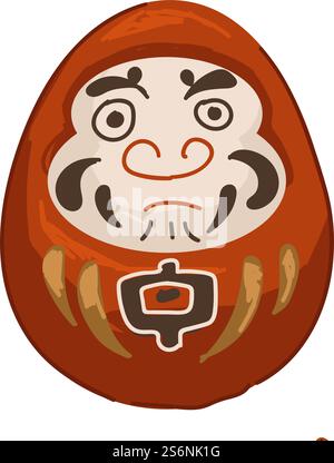 Traditions et coutumes japonaises, poupée Daruma isolée avec hiéroglyphe et visage froncé. Mascotte ou symbole de chance et de bonheur, signe ancien ou présent. Masques asiatiques en colère. Vecteur dans les styles plats. Poupée Daruma, tradition japonaise de souhaiter chance Illustration de Vecteur