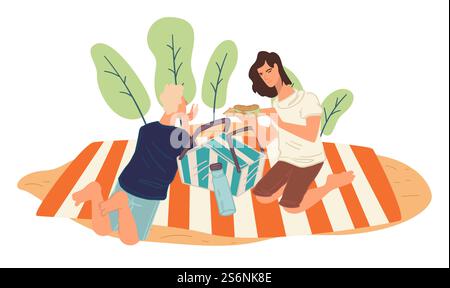 Homme et femme dans le parc mangeant des hamburgers et de l'eau potable. Amis réunis pour les week-ends, hommes et femmes assis couverture entourée de verdure et de feuillage de forêt ou de bois. Vecteur dans le style plat. Couple en pique-nique dans le parc, mangeant des hamburgers repas Illustration de Vecteur