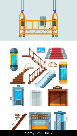 Ascenseur. Bâtiment escalier appartement mécanisme de levage vecteur collection d'ascenseurs. Soulevez vers le bas et vers le haut, illustration de l'escalier intérieur, moyen de transport de mouvement. Ascenseur. Bâtiment escalier appartement mécanisme de levage vecteur collection d'ascenseurs Illustration de Vecteur