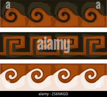 Motif géométrique et ondulé grec sans couture. Ornements traditionnels de la grèce, ornement d'antiquité et décoration. Motifs et méandros classiques, textures symétriques élégantes. Vecteur dans le style plat. Motifs grecs anciens avec des tourbillons et de la géométrie Illustration de Vecteur