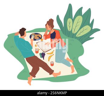 Homme et femme le week-end se sont rassemblés dans le parc pour pique-niquer. Couple lisant le livre et naviguant sur le web. Mâle et femelle couchant sur une couverture avec de la nourriture et des fruits, des collations et un repas savoureux. Vecteur dans le style plat. Couple sur le livre de lecture pique-nique et la navigation sur le web Illustration de Vecteur
