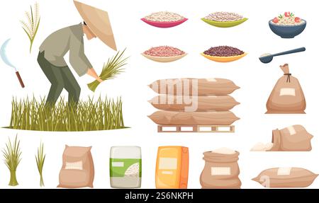 Sacs de riz. Produits agricoles riz brun et blanc transportant des ingrédients alimentaires illustrations vectorielles. Riz en sac, agriculture de récolte saine. Sacs de riz. Produits agricoles riz brun et blanc transportant des ingrédients alimentaires illustrations vectorielles Illustration de Vecteur