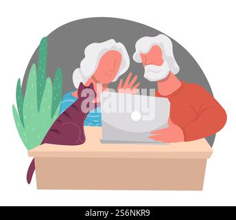 Grands-parents modernes utilisant un ordinateur portable pour parler avec la famille via Internet. Grand-mère et grand-père agitant la main, les gens avec le chat assis à la table entouré par la flore intérieure. Vecteur dans le style plat. Grands-parents communiquant via des sites Internet Illustration de Vecteur