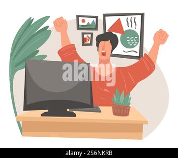 Freelance travaillant sur un projet à domicile. Caractère masculin fatigué du travail et des tâches, bâillant et étirant par le lieu de travail. Bureau de personnage avec plantes et décoration sur mur. Vecteur dans le style plat. Personnage masculin fatigué travaillant sur le projet en ligne Illustration de Vecteur