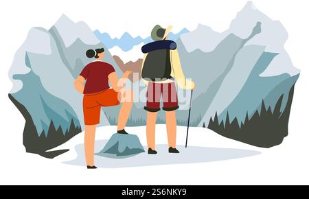 Homme et femme en expédition debout sur le sommet de la montagne couvert de neige. Activités et actions hivernales et estivales pour les touristes. Homme et femme avec bâtons et sac à dos. Vecteur dans le style plat. Voyageur homme et femme debout sur le sommet des montagnes Illustration de Vecteur