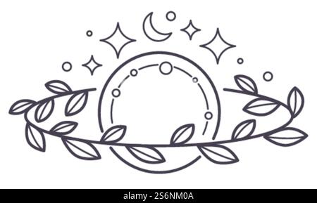 Plan fantastique fait de cercle et couronne florale. pleine lune isolée avec des étoiles et luisantes. Géométrie sacrée et symboles alchimiques magiques. Occultisme et sorcellerie, vecteur d'art de ligne dans le style plat. Pleine lune avec étoiles et couronne, planète fantastique Illustration de Vecteur