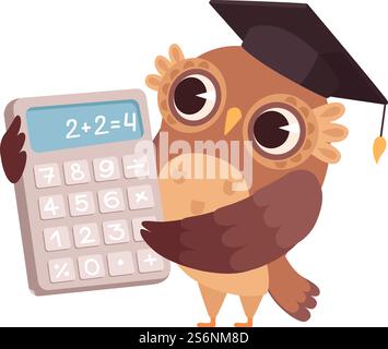 Professeur de mathématiques. Hibou avec calculatrice, professeur d'oiseaux. Personnage de dessin animé isolé à l'école ou à l'université illustration vectorielle. Éducation mathématiques, hiboux apprenant à l'école. Professeur de mathématiques. Hibou avec calculatrice, professeur d'oiseaux. Personnage de dessin animé isolé à l'école ou à l'université illustration vectorielle Illustration de Vecteur