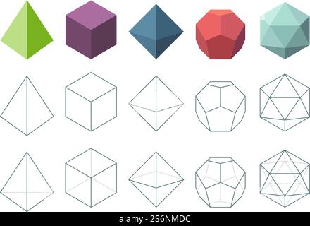 Solide platonique. Collection de vecteurs de formes d'objets 3D géométriques. Forme pyramidale polygonale, figures géométriques platoniques et polyèdres. Solide platonique. Collection de vecteurs de formes d'objets 3D géométriques Illustration de Vecteur