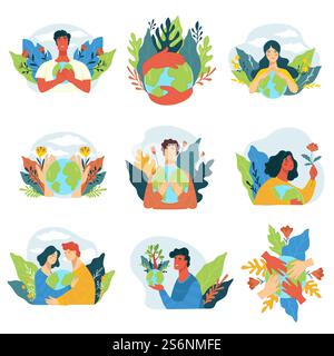 Protéger la planète terre et sauver l'écologie, les gens qui prennent soin de la flore et de la faune. Personnages avec une conscience écologique. Soutenir et préserver la nature et les ressources naturelles. Vecteur dans le style plat. Sauver la planète terre, la protection et les soins pour l'éco Illustration de Vecteur