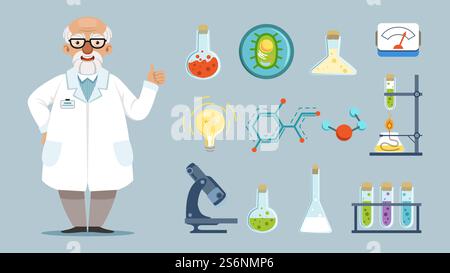 Scientifique de dessins animés. Éléments de laboratoire chimique, équipement, microscope et béchers. Illustration vectorielle de chimiste joyeuse. Docteur et laboratoire, collection d'outils de laboratoire chimique. Scientifique de dessins animés. Éléments de laboratoire chimique, équipement, microscope et béchers. Illustration vectorielle de chimiste joyeuse Illustration de Vecteur